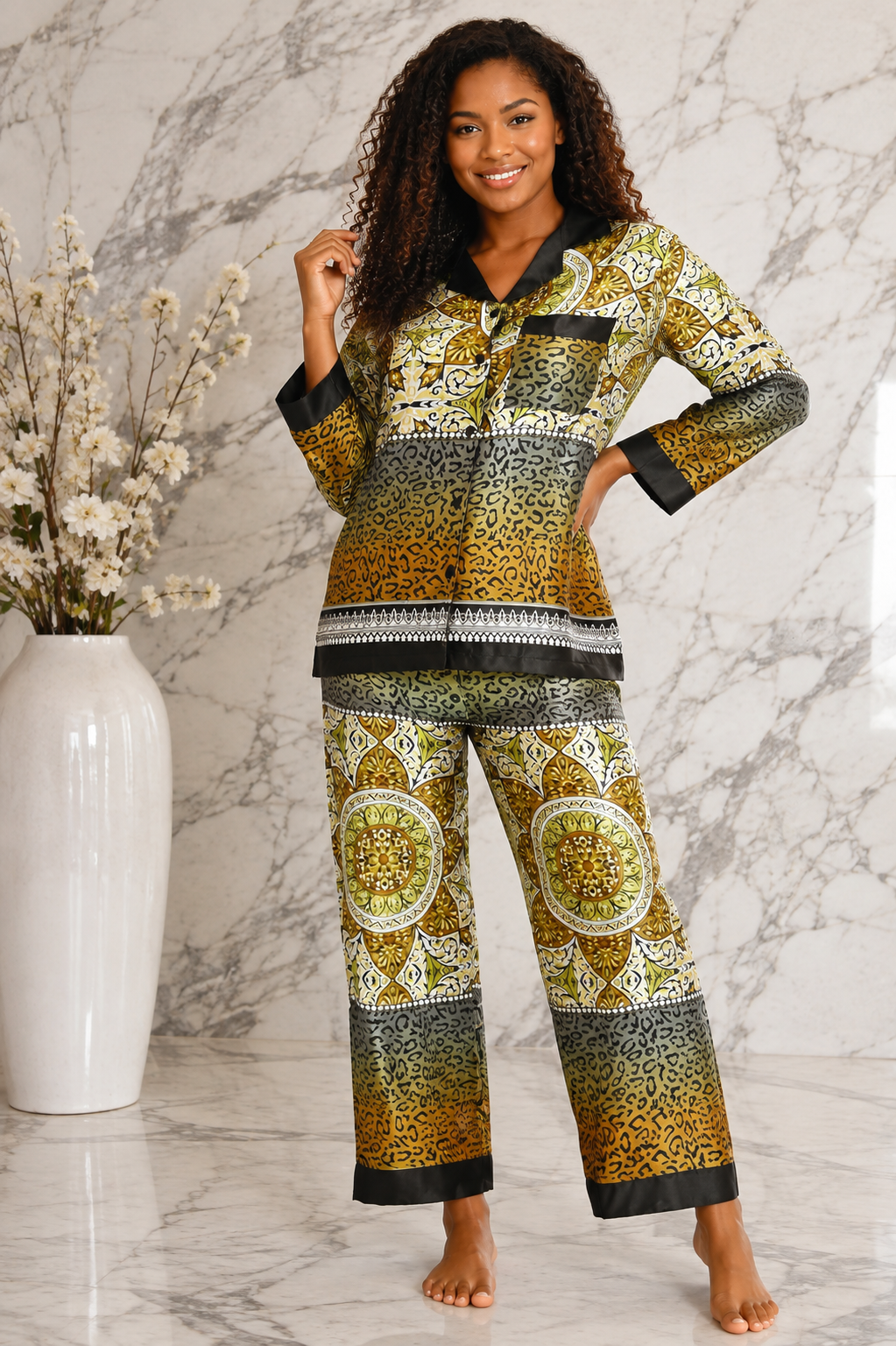 Up2date Fashion Women's Silky Satin Pajama Set Long Sleeve Button Down 2-Piece V-Neck PJs with Pants, Floral & Animal Prints