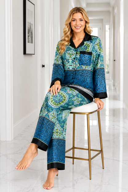 Up2date Fashion Women's Silky Satin Pajama Set Long Sleeve Button Down 2-Piece V-Neck PJs with Pants, Floral & Animal Prints