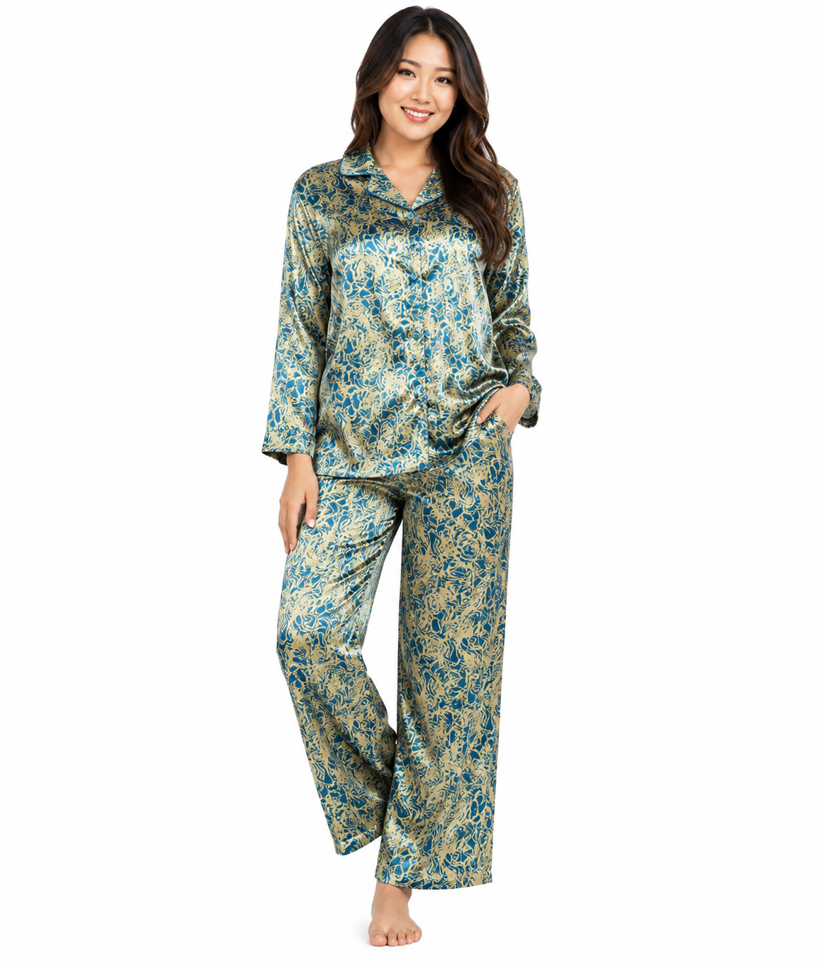 Up2date Fashion Women's Silky Satin Pajama Set Long Sleeve Button Down 2-Piece V-Neck PJs with Pants, Floral & Animal Prints