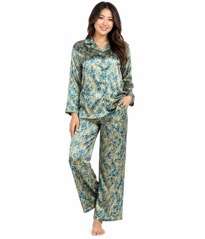 Up2date Fashion Women's Silky Satin Pajama Set Long Sleeve Button Down 2-Piece V-Neck PJs with Pants, Floral & Animal Prints