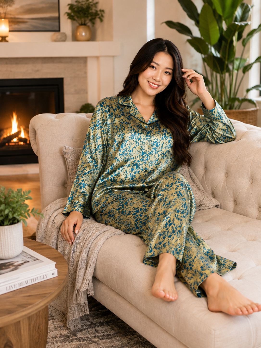 Up2date Fashion Women's Silky Satin Pajama Set Long Sleeve Button Down 2-Piece V-Neck PJs with Pants, Floral & Animal Prints