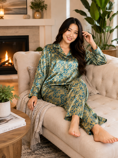 Up2date Fashion Women's Silky Satin Pajama Set Long Sleeve Button Down 2-Piece V-Neck PJs with Pants, Floral & Animal Prints