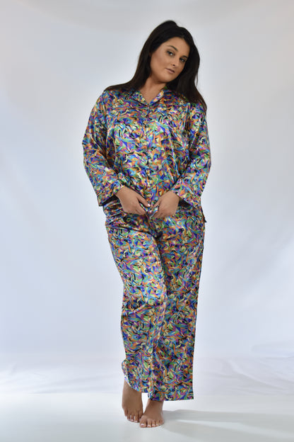 Up2date Fashion Women's Silky Satin Pajama Set Long Sleeve Button Down 2-Piece V-Neck PJs with Pants, Floral & Animal Prints