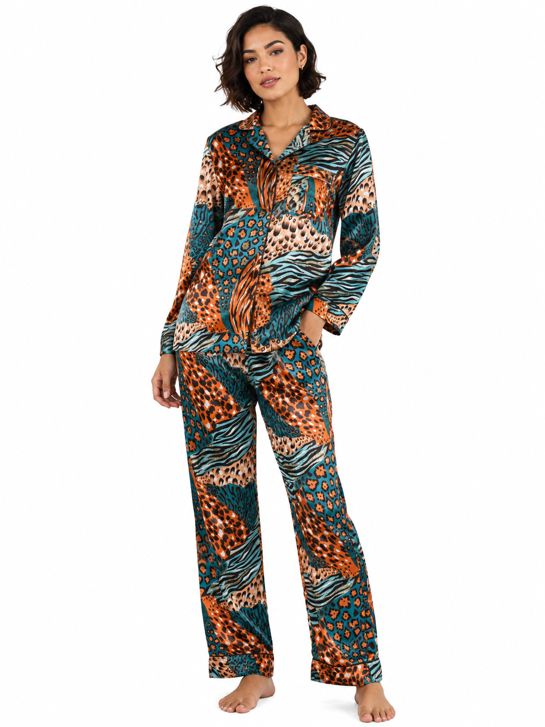 Up2date Fashion Women's Silky Satin Pajama Set Long Sleeve Button Down 2-Piece V-Neck PJs with Pants, Floral & Animal Prints
