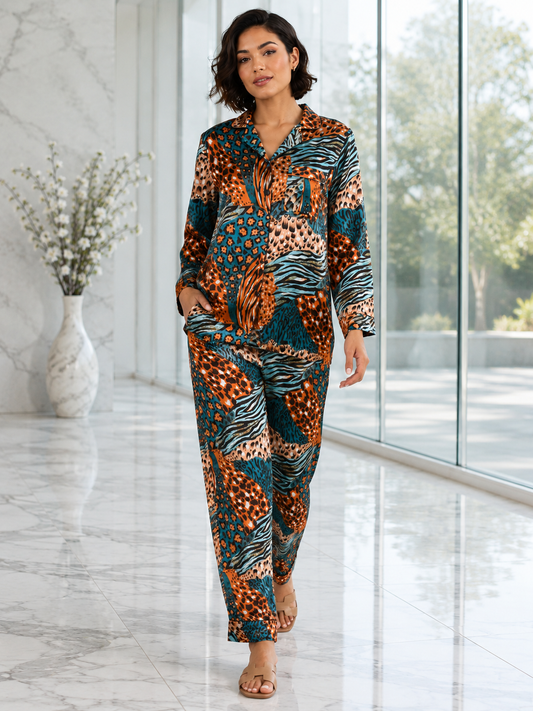 Up2date Fashion Women's Silky Satin Pajama Set Long Sleeve Button Down 2-Piece V-Neck PJs with Pants, Floral & Animal Prints