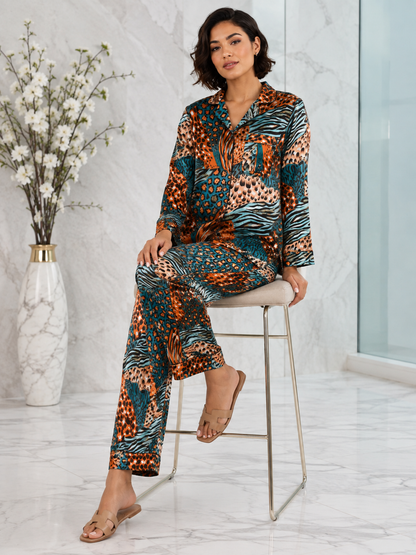 Up2date Fashion Women's Silky Satin Pajama Set Long Sleeve Button Down 2-Piece V-Neck PJs with Pants, Floral & Animal Prints