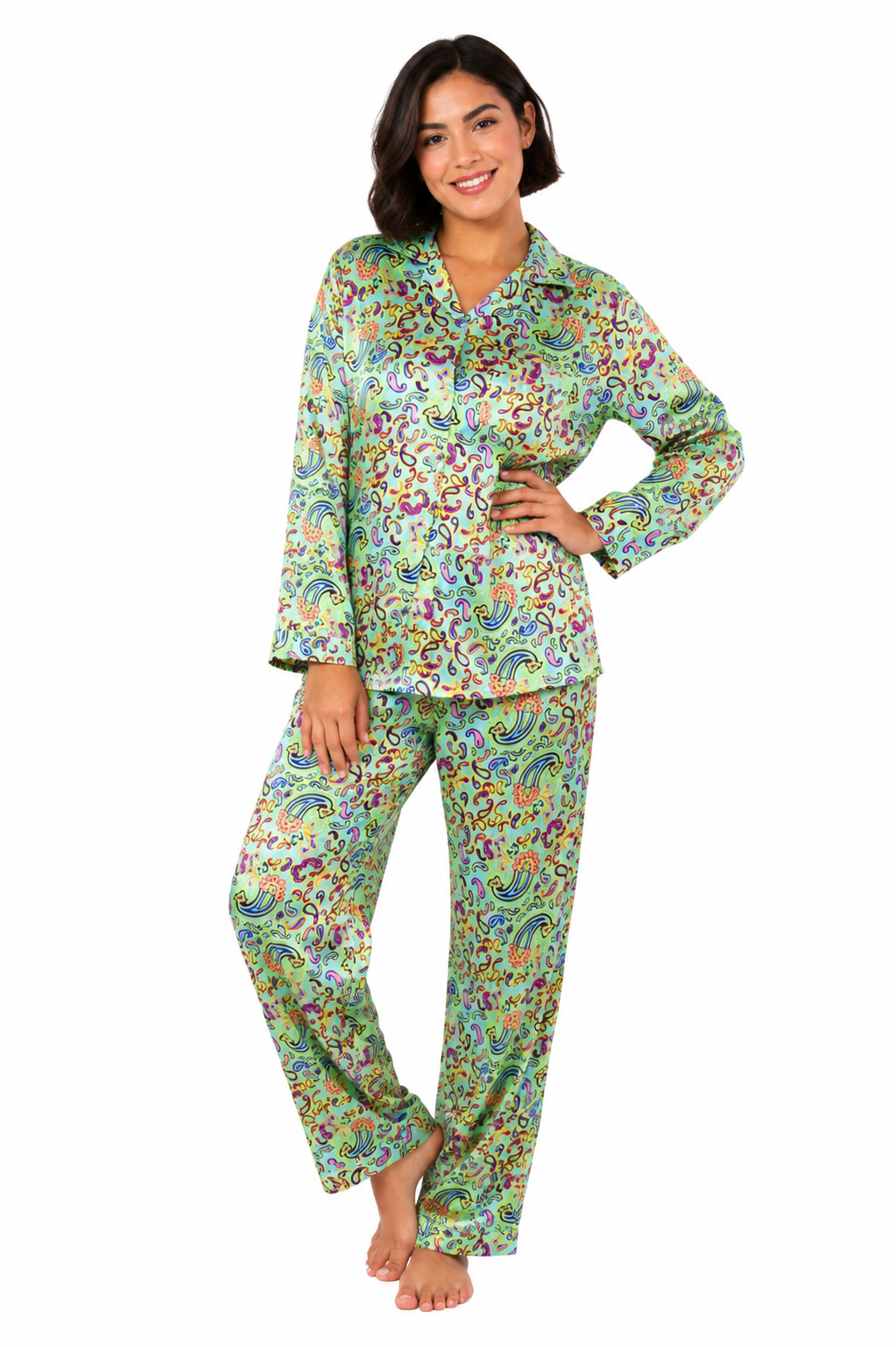Up2date Fashion Women's Silky Satin Pajama Set Long Sleeve Button Down 2-Piece V-Neck PJs with Pants, Floral & Animal Prints