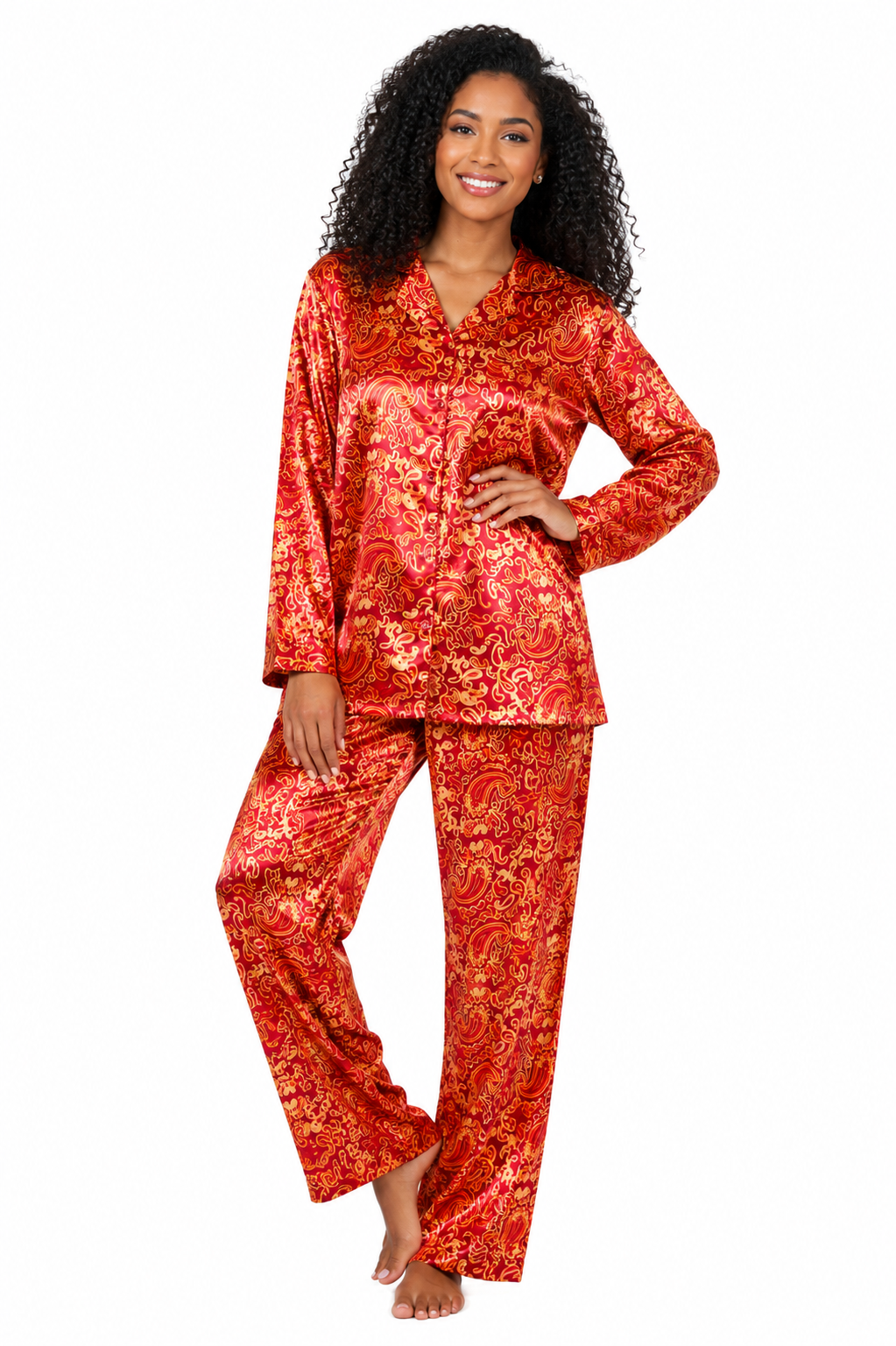 Up2date Fashion Women's Silky Satin Pajama Set Long Sleeve Button Down 2-Piece V-Neck PJs with Pants, Floral & Animal Prints
