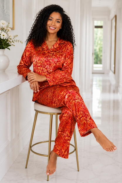 Up2date Fashion Women's Silky Satin Pajama Set Long Sleeve Button Down 2-Piece V-Neck PJs with Pants, Floral & Animal Prints