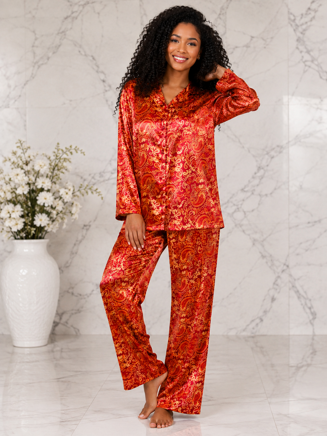 Up2date Fashion Women's Silky Satin Pajama Set Long Sleeve Button Down 2-Piece V-Neck PJs with Pants, Floral & Animal Prints