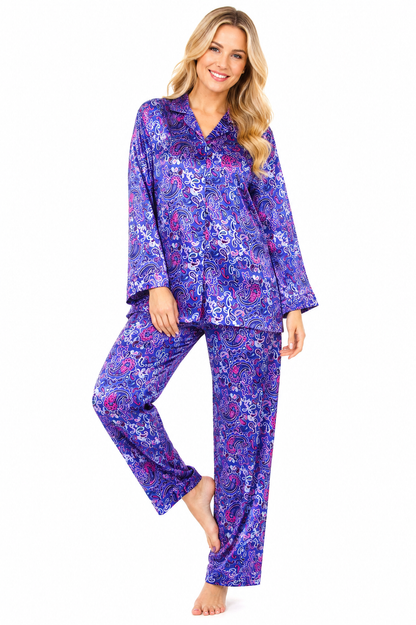 Up2date Fashion Women's Silky Satin Pajama Set Long Sleeve Button Down 2-Piece V-Neck PJs with Pants, Floral & Animal Prints
