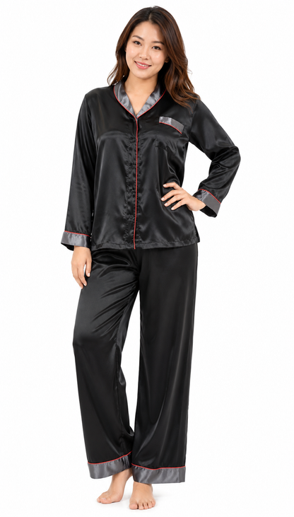 Up2date Fashion Women's Pajama Set / Pajamas / Pyjamas / PJs, Satin, Shawl Collar with Piping