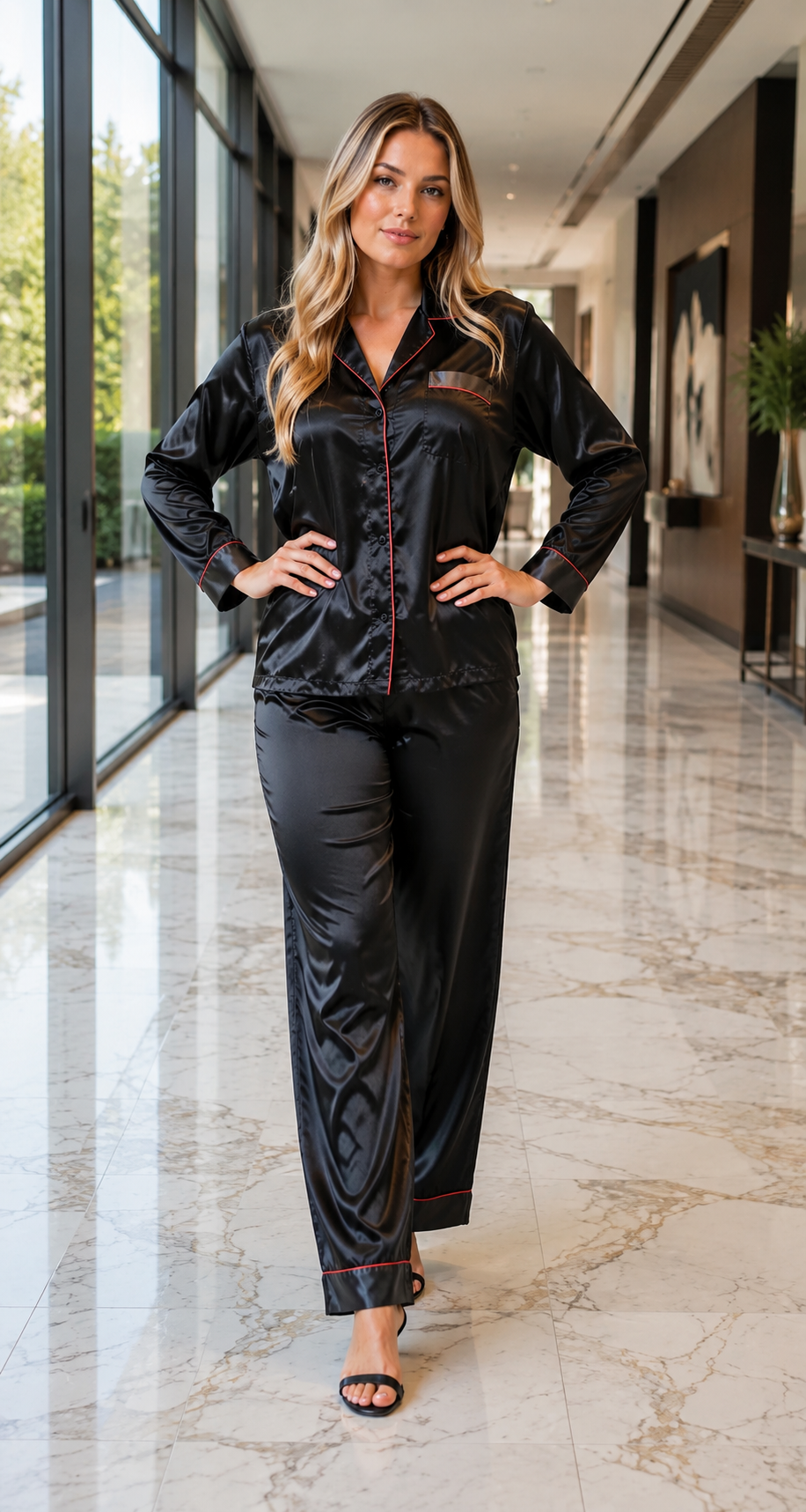 Up2date Fashion Women's Pajama Set / Pajamas / Pyjamas / PJs, Satin, Shawl Collar with Piping