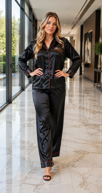 Up2date Fashion Women's Pajama Set / Pajamas / Pyjamas / PJs, Satin, Shawl Collar with Piping