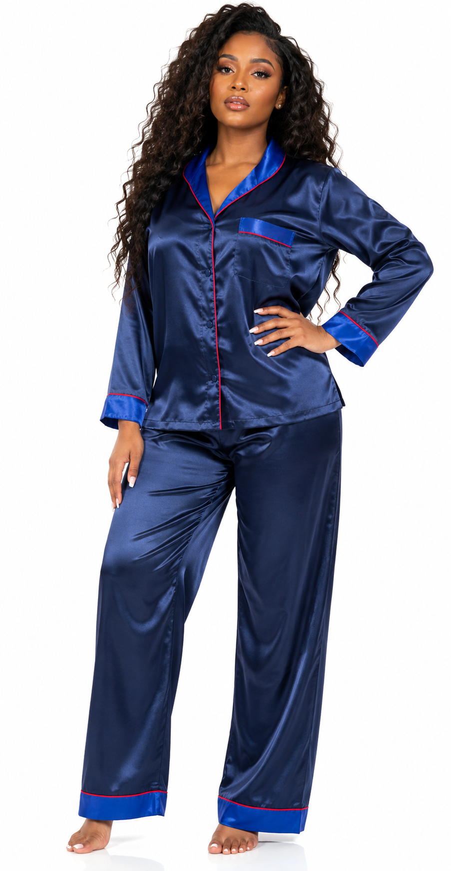 Up2date Fashion Women's Pajama Set / Pajamas / Pyjamas / PJs, Satin, Shawl Collar with Piping