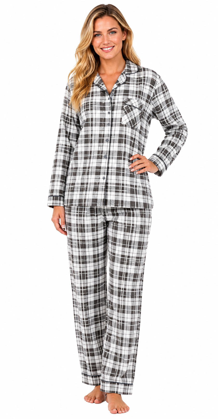 Up2date Fashion Women’s 100% Cotton Flannel Pajama Set, Full Sleeve Button Down PJs with Piping, Soft Warm Sleepwear