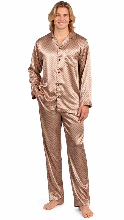 Up2date Fashion Pajamas Set Mens Silk Satin Long Sleeve Loungewear Two-Piece Sleepwear Button-Down Pj with Full Pants