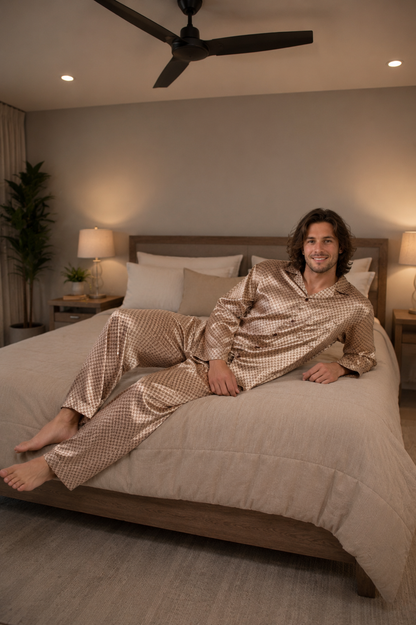 Up2date Fashion Pajamas Set Mens Silk Satin Long Sleeve Loungewear Two-Piece Sleepwear Button-Down Pj with Full Pants