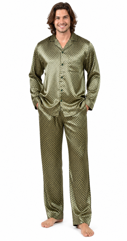 Up2date Fashion Pajamas Set Mens Silk Satin Long Sleeve Loungewear Two-Piece Sleepwear Button-Down Pj with Full Pants