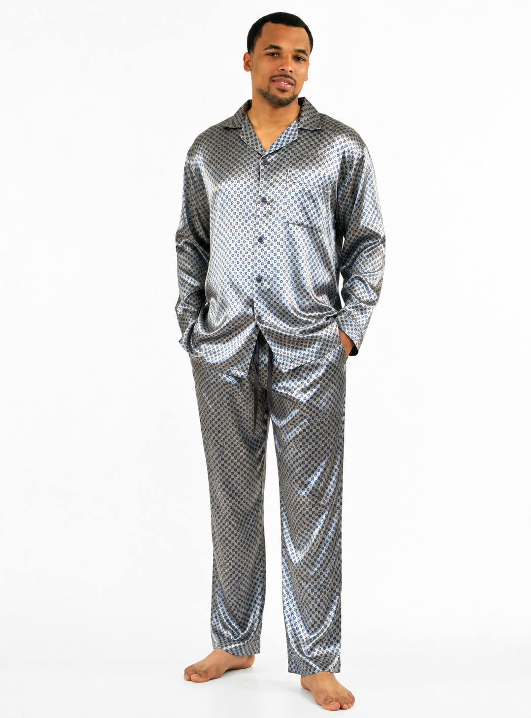 Up2date Fashion Pajamas Set Mens Silk Satin Long Sleeve Loungewear Two-Piece Sleepwear Button-Down Pj with Full Pants