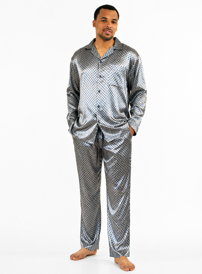 Up2date Fashion Pajamas Set Mens Silk Satin Long Sleeve Loungewear Two-Piece Sleepwear Button-Down Pj with Full Pants
