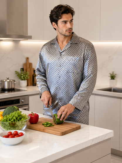 Up2date Fashion Pajamas Set Mens Silk Satin Long Sleeve Loungewear Two-Piece Sleepwear Button-Down Pj with Full Pants