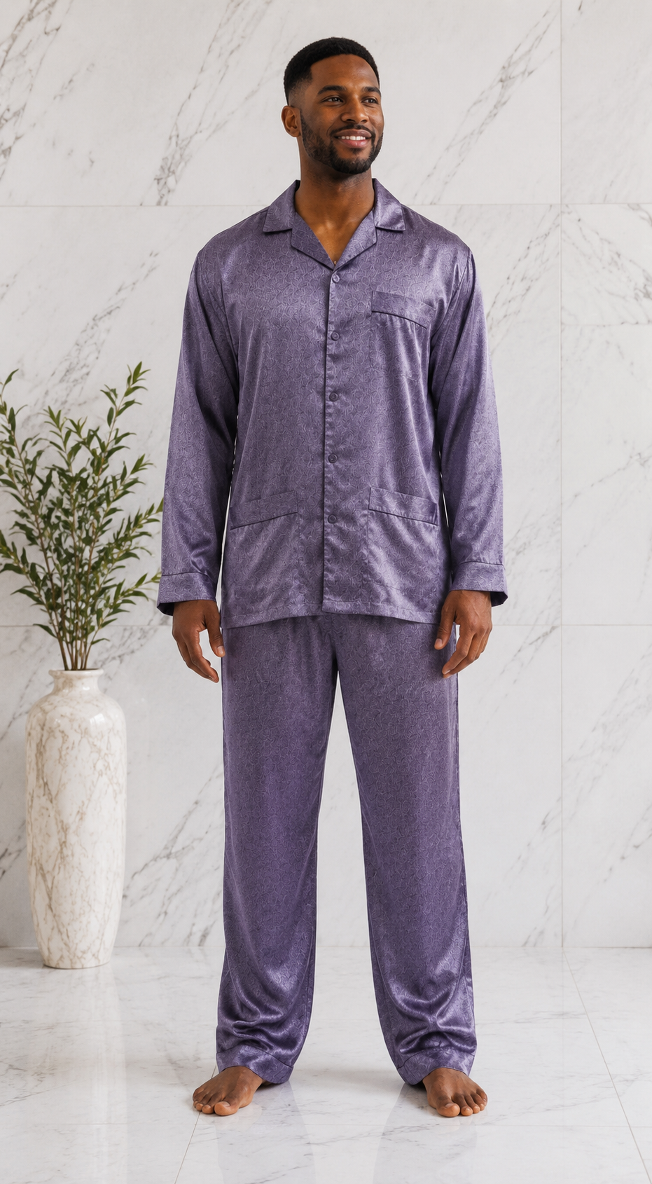 Up2date Fashion Pajamas Set Mens Silk Satin Long Sleeve Loungewear Two-Piece Sleepwear Button-Down Pj with Full Pants