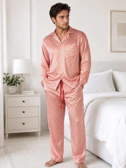 Up2date Fashion Pajamas Set Mens Silk Satin Long Sleeve Loungewear Two-Piece Sleepwear Button-Down Pj with Full Pants