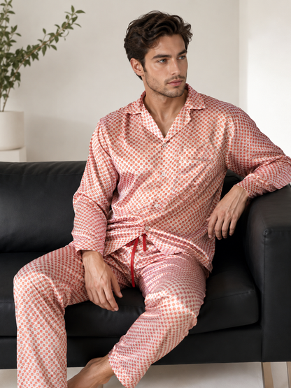 Up2date Fashion Pajamas Set Mens Silk Satin Long Sleeve Loungewear Two-Piece Sleepwear Button-Down Pj with Full Pants