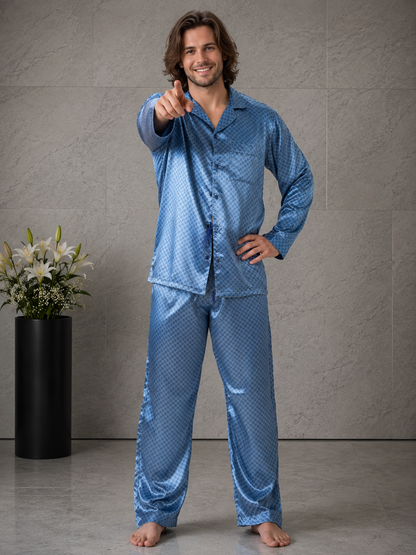 Up2date Fashion Pajamas Set Mens Silk Satin Long Sleeve Loungewear Two-Piece Sleepwear Button-Down Pj with Full Pants
