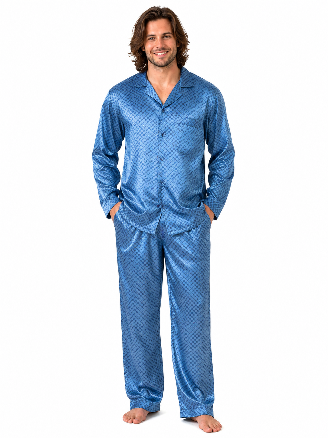 Up2date Fashion Pajamas Set Mens Silk Satin Long Sleeve Loungewear Two-Piece Sleepwear Button-Down Pj with Full Pants