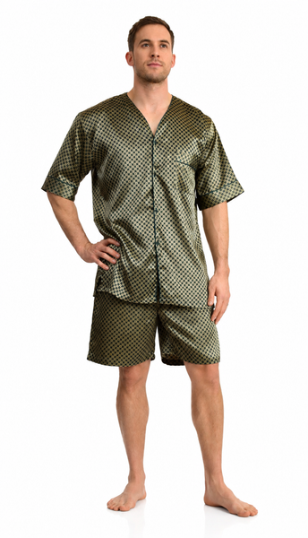 Men's Short Sleeve Silky Satin Pajama Set with Shorts 2 Piece Tie Print PJ Loungewear