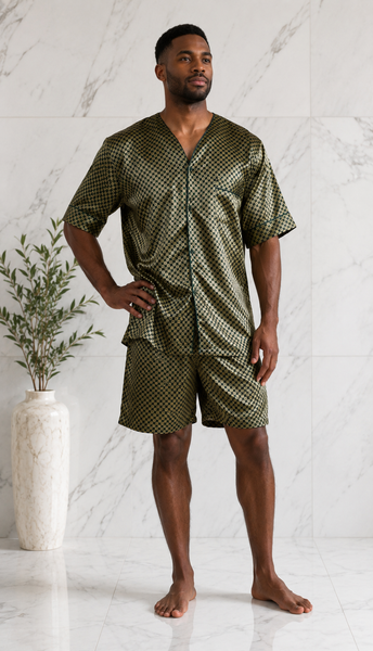 Men's Short Sleeve Silky Satin Pajama Set with Shorts 2 Piece Tie Print PJ Loungewear