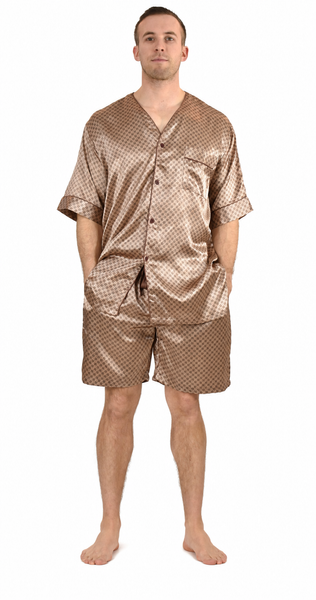 Men's Short Sleeve Silky Satin Pajama Set with Shorts 2 Piece Tie Print PJ Loungewear
