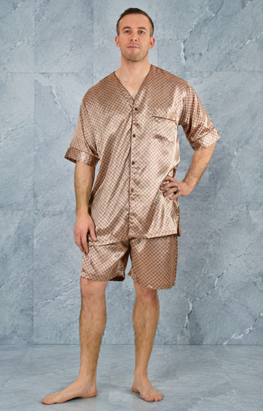 Men's Short Sleeve Silky Satin Pajama Set with Shorts 2 Piece Tie Print PJ Loungewear