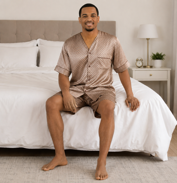 Men's Short Sleeve Silky Satin Pajama Set with Shorts 2 Piece Tie Print PJ Loungewear