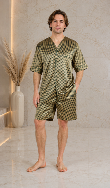 Men's Short Sleeve Silky Satin Pajama Set with Shorts 2 Piece Tie Print PJ Loungewear