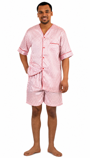 Men's Short Sleeve Silky Satin Pajama Set with Shorts 2 Piece Tie Print PJ Loungewear