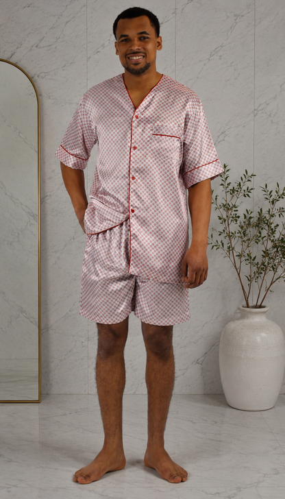 Men's Short Sleeve Silky Satin Pajama Set with Shorts 2 Piece Tie Print PJ Loungewear
