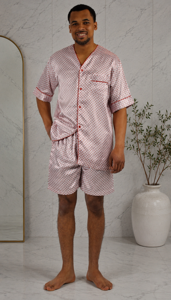 Men's Short Sleeve Silky Satin Pajama Set with Shorts 2 Piece Tie Print PJ Loungewear