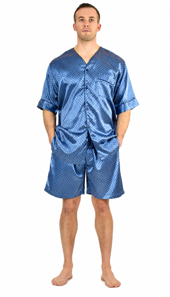 Men's Short Sleeve Silky Satin Pajama Set with Shorts 2 Piece Tie Print PJ Loungewear