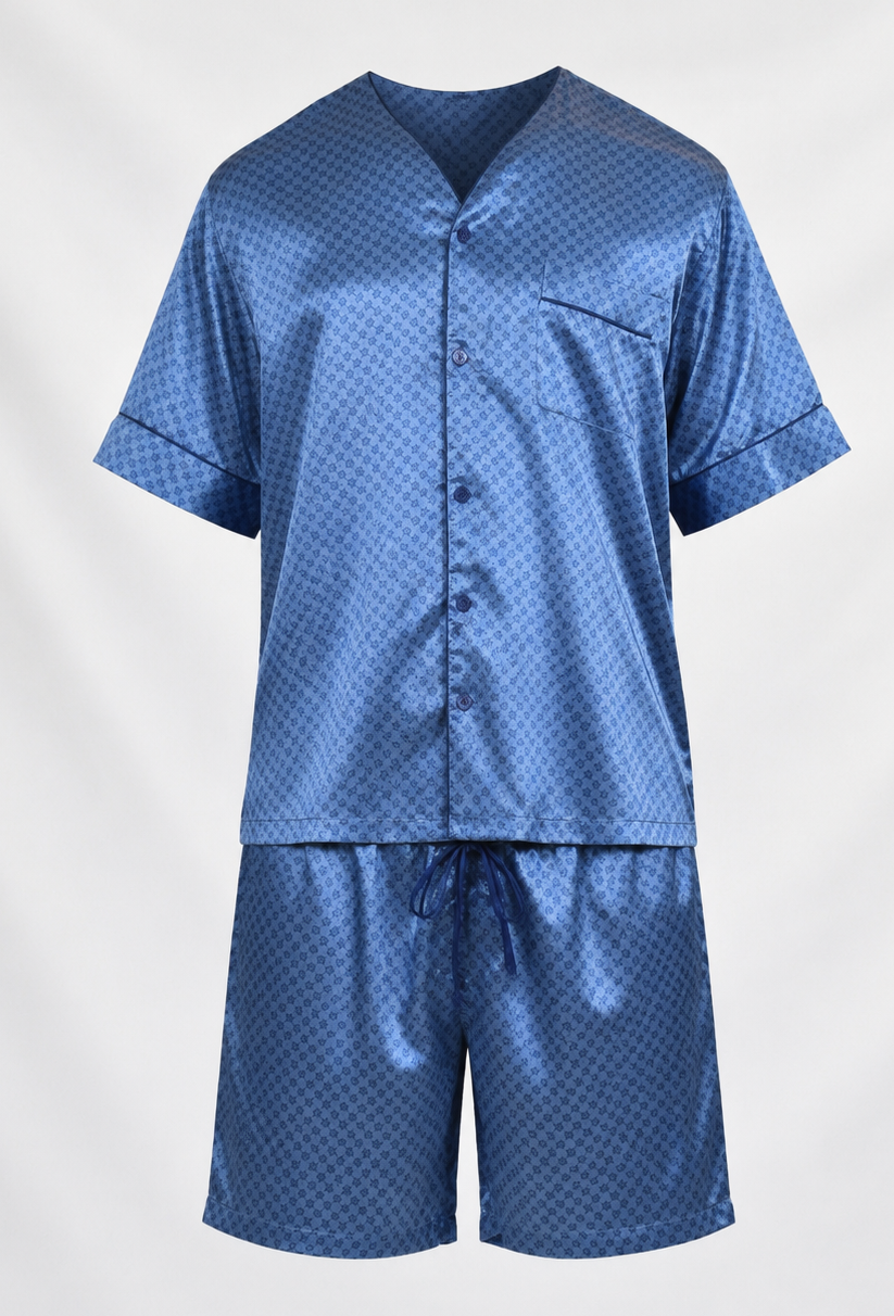 Men's Short Sleeve Silky Satin Pajama Set with Shorts 2 Piece Tie Print PJ Loungewear