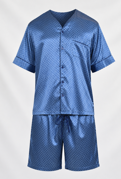 Men's Short Sleeve Silky Satin Pajama Set with Shorts 2 Piece Tie Print PJ Loungewear