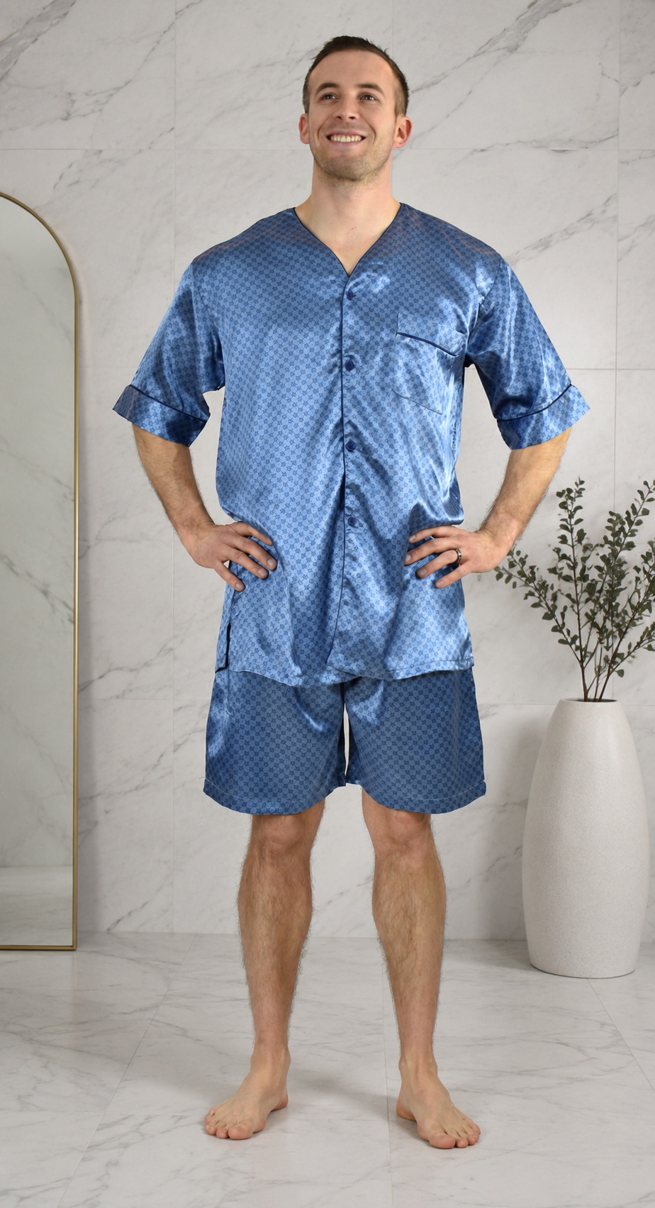 Men's Short Sleeve Silky Satin Pajama Set with Shorts 2 Piece Tie Print PJ Loungewear