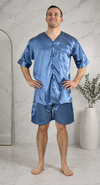 Men's Short Sleeve Silky Satin Pajama Set with Shorts 2 Piece Tie Print PJ Loungewear