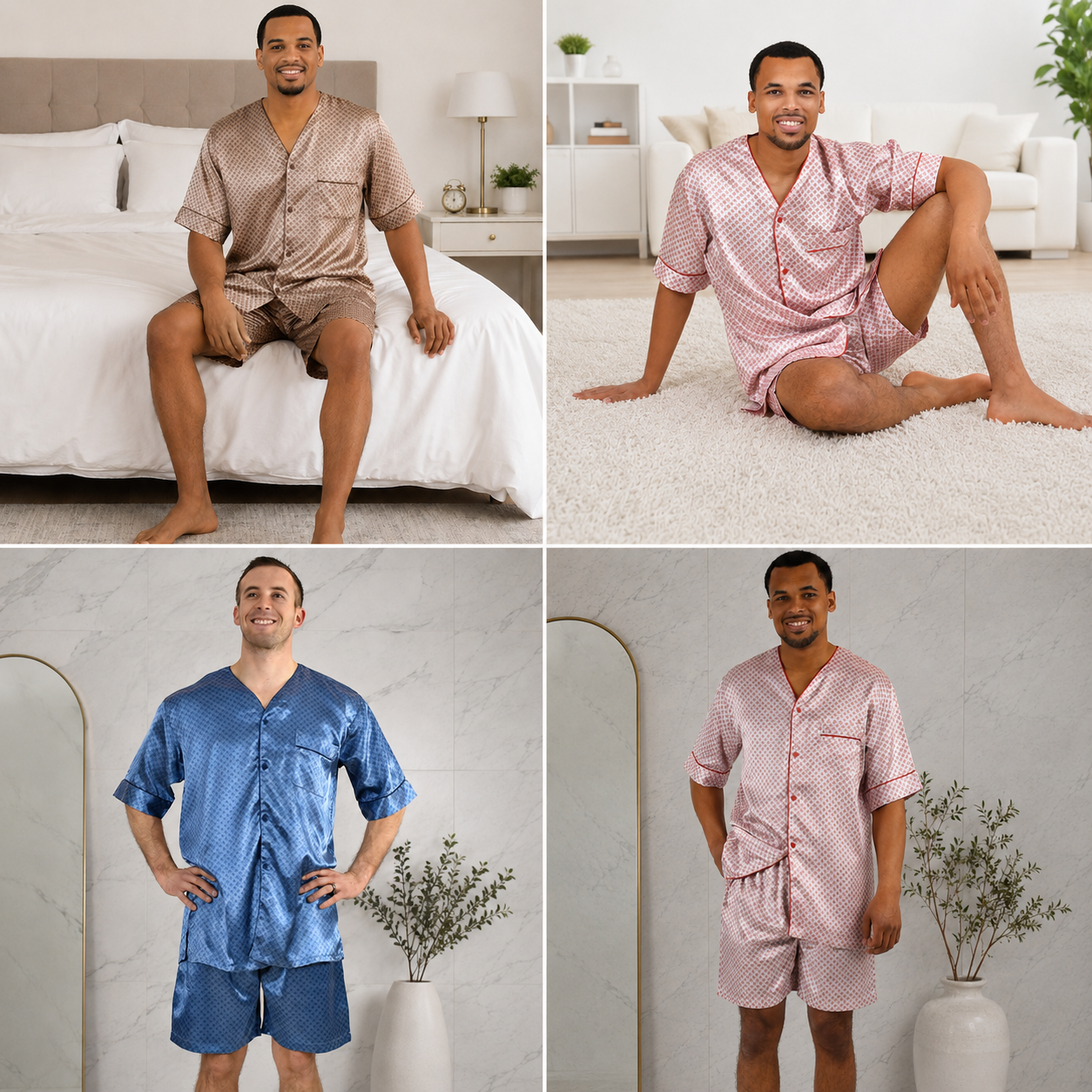 Men's Short Sleeve Silky Satin Pajama Set with Shorts 2 Piece Tie Print PJ Loungewear