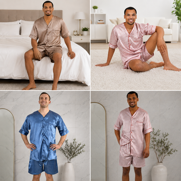 Men's Short Sleeve Silky Satin Pajama Set with Shorts 2 Piece Tie Print PJ Loungewear