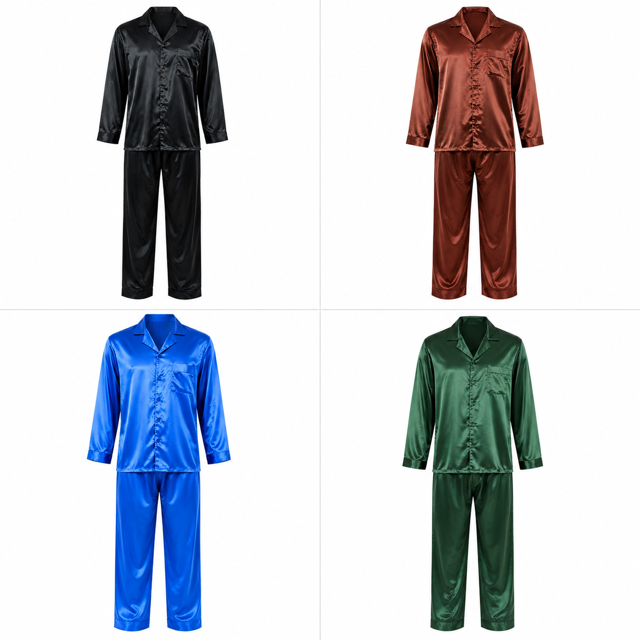 Pajamas Set Mens Silky Satin Pajamas Long Sleeve Loungewear 2-Piece Sleepwear Button-Down PJ with Long Pants
