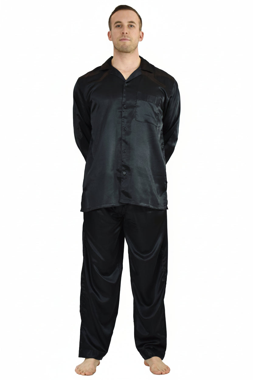 Pajamas Set Mens Silky Satin Pajamas Long Sleeve Loungewear 2-Piece Sleepwear Button-Down PJ with Long Pants