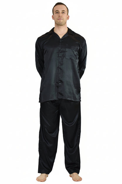 Pajamas Set Mens Silky Satin Pajamas Long Sleeve Loungewear 2-Piece Sleepwear Button-Down PJ with Long Pants